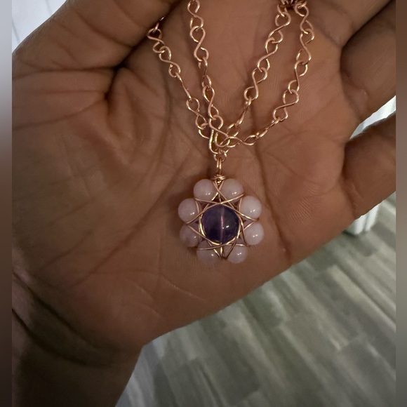 Amethyst Pink Quartz Daisy Pendant Necklace on Infinity Link Chain - Picture 3 of 4